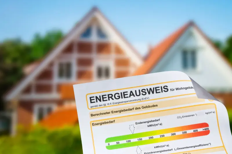 Energieausweis mit Haus im Hintergrund